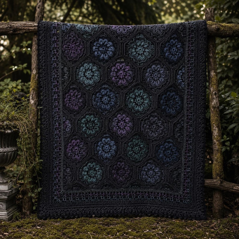 Crochet Blanket PDF - Midnight Fleur Mosaic Pattern with Dark Floral Motifs image 2