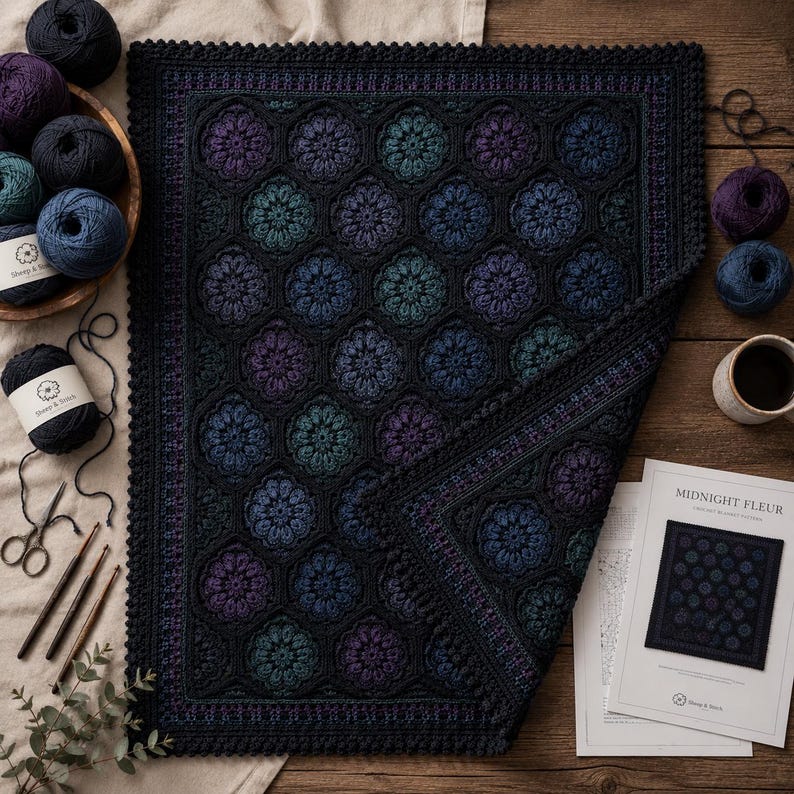 May include: A rectangular crochet blanket featuring a repeating pattern of dark floral motifs in shades of purple, teal, and blue, bordered by a black scalloped edge. The blanket is displayed alongside yarn balls, crochet hooks, and a pattern sheet.