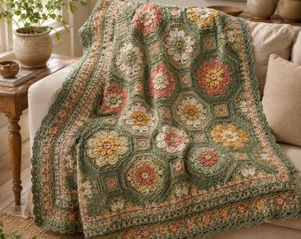 Crochet Pattern - Garden Fleur Mosaic Blanket, Floral Hexagon Throw PDF