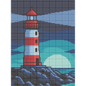 Peut inclure: Un mod&egrave;le de crochet de tapisserie repr&eacute;sentant un phare au coucher du soleil. Le phare est rouge et blanc, avec un toit rouge, sur fond de ciel bleu et d'oc&eacute;an. Le motif mesure 100x150 carr&eacute;s.