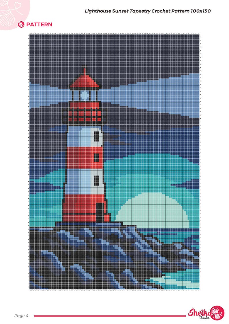 Peut inclure: Un mod&egrave;le de crochet de tapisserie repr&eacute;sentant un phare au coucher du soleil. Le phare est rouge et blanc, avec un toit rouge, sur fond de ciel bleu et d'oc&eacute;an. Le motif mesure 100x150 carr&eacute;s.