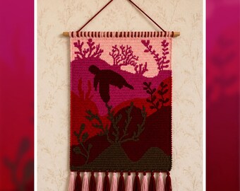 Sea Turtle Crochet Tapestry Pattern: Coastal Sunset Wall Hanging (120x180 Stitches PDF)