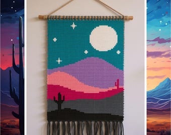Padrão de tapeçaria de crochê Sunset Desert: Lua Boho e cactos para pendurar na parede (padrão em PDF, 80x120 pontos)