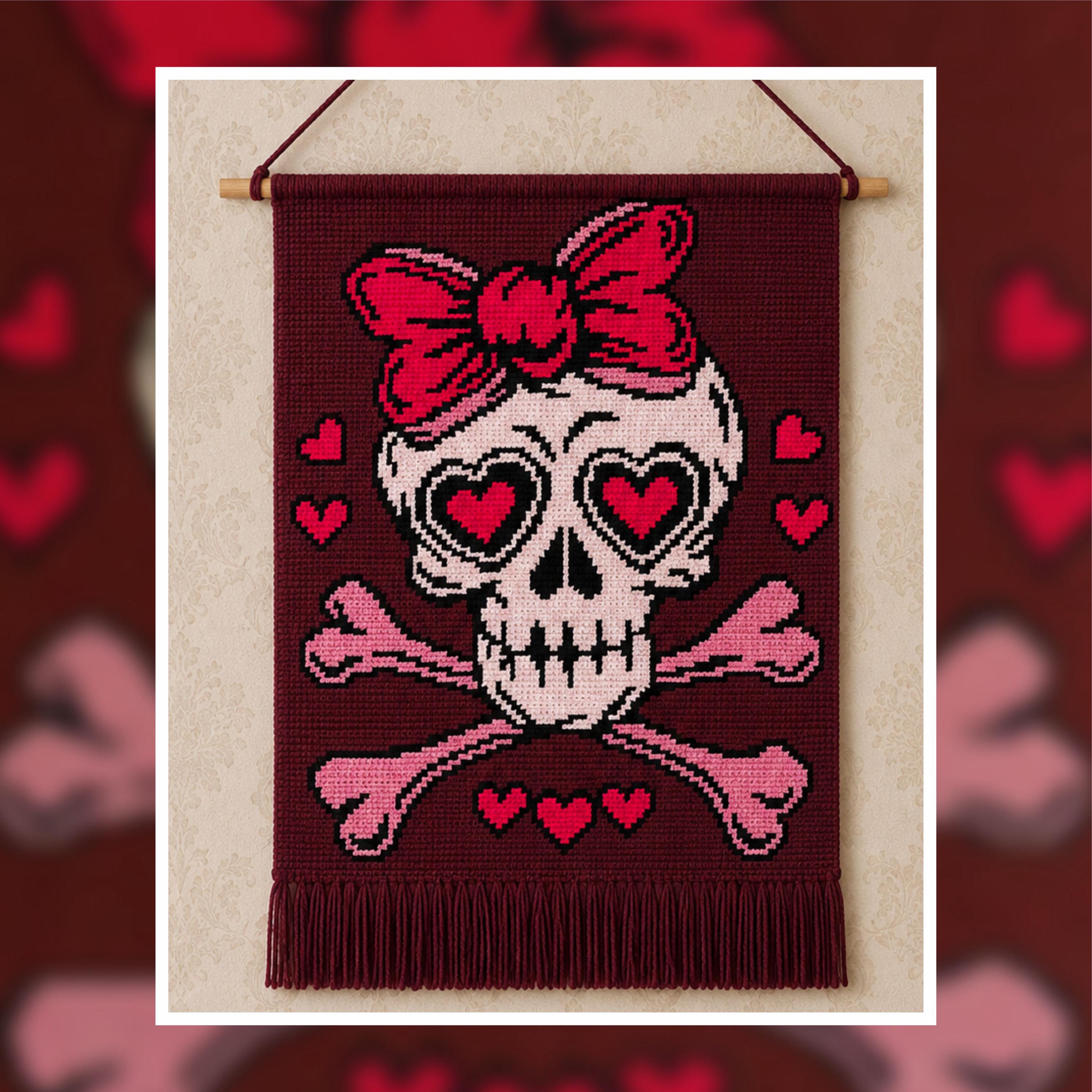 Sweetheart Skull Tapestry Crochet Pattern | Gothic Romantic Wall