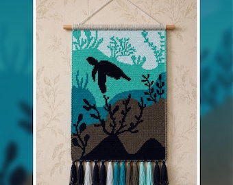 Sea Turtle Tapestry Crochet Pattern – Underwater Coastal Wall Hanging (100x150 Stitches PDF)