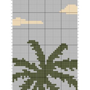 Pode incluir: Um padr&atilde;o de tape&ccedil;aria de croch&ecirc; com uma palmeira e nuvens em um fundo cinza. O padr&atilde;o &eacute; 80x120, com o texto "Palm Tree Beach Crochet Tapestry Pattern 80x120" no topo. A palavra "PATTERN" tamb&eacute;m &eacute; vis&iacute;vel.