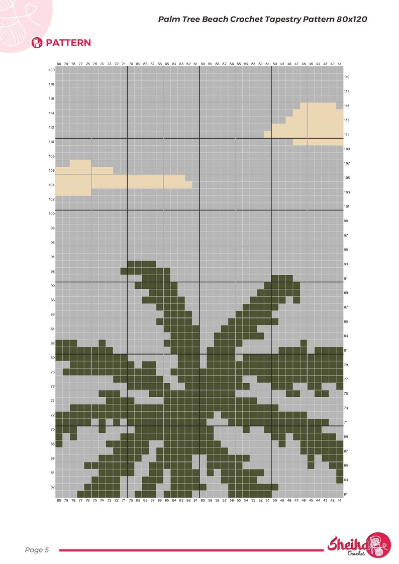 Pode incluir: Um padr&atilde;o de tape&ccedil;aria de croch&ecirc; com uma palmeira e nuvens em um fundo cinza. O padr&atilde;o &eacute; 80x120, com o texto "Palm Tree Beach Crochet Tapestry Pattern 80x120" no topo. A palavra "PATTERN" tamb&eacute;m &eacute; vis&iacute;vel.