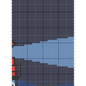 Peut inclure: Un diagramme de patron de crochet pour une tapisserie de coucher de soleil de phare. Le motif pr&eacute;sente une grille avec des carr&eacute;s bleus, marine et rouges. Le texte "Lighthouse Sunset Tapestry Crochet Pattern 100x150" est en haut.
