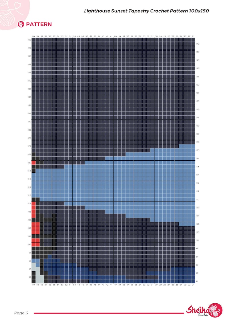 Peut inclure: Un diagramme de patron de crochet pour une tapisserie de coucher de soleil de phare. Le motif pr&eacute;sente une grille avec des carr&eacute;s bleus, marine et rouges. Le texte "Lighthouse Sunset Tapestry Crochet Pattern 100x150" est en haut.