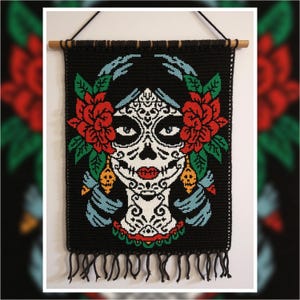 Sugar Skull Woman Tapestry Crochet Pattern 150x200 PDF | Colorful Day of the Dead Wall Hanging Crochet Design for Boho & Gothic Home Décor