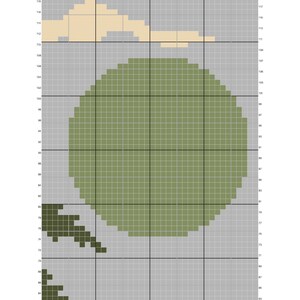 Pode incluir: Um padr&atilde;o de tape&ccedil;aria de croch&ecirc; intitulado "Palm Tree Beach" de 80x120. O padr&atilde;o apresenta um design de grade com um grande c&iacute;rculo verde, formas bege e blocos verdes escuros e cinza. A palavra "PATTERN" est&aacute; no topo.