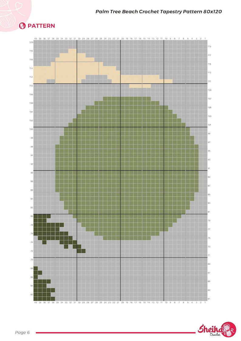 Pode incluir: Um padr&atilde;o de tape&ccedil;aria de croch&ecirc; intitulado "Palm Tree Beach" de 80x120. O padr&atilde;o apresenta um design de grade com um grande c&iacute;rculo verde, formas bege e blocos verdes escuros e cinza. A palavra "PATTERN" est&aacute; no topo.