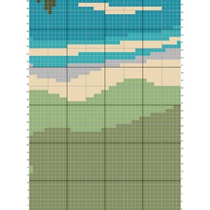 Pode incluir: Um padr&atilde;o de tape&ccedil;aria de croch&ecirc; com uma cena de praia, apresentando uma palmeira, o oceano e o c&eacute;u. O padr&atilde;o &eacute; 80x120, com uma sobreposi&ccedil;&atilde;o de grade para seguir o design. A paleta de cores inclui tons de verde, azul e bege. O texto "Palm Tree Beach Crochet Tapestry Pattern 80x120" &eacute; vis&iacute;vel.