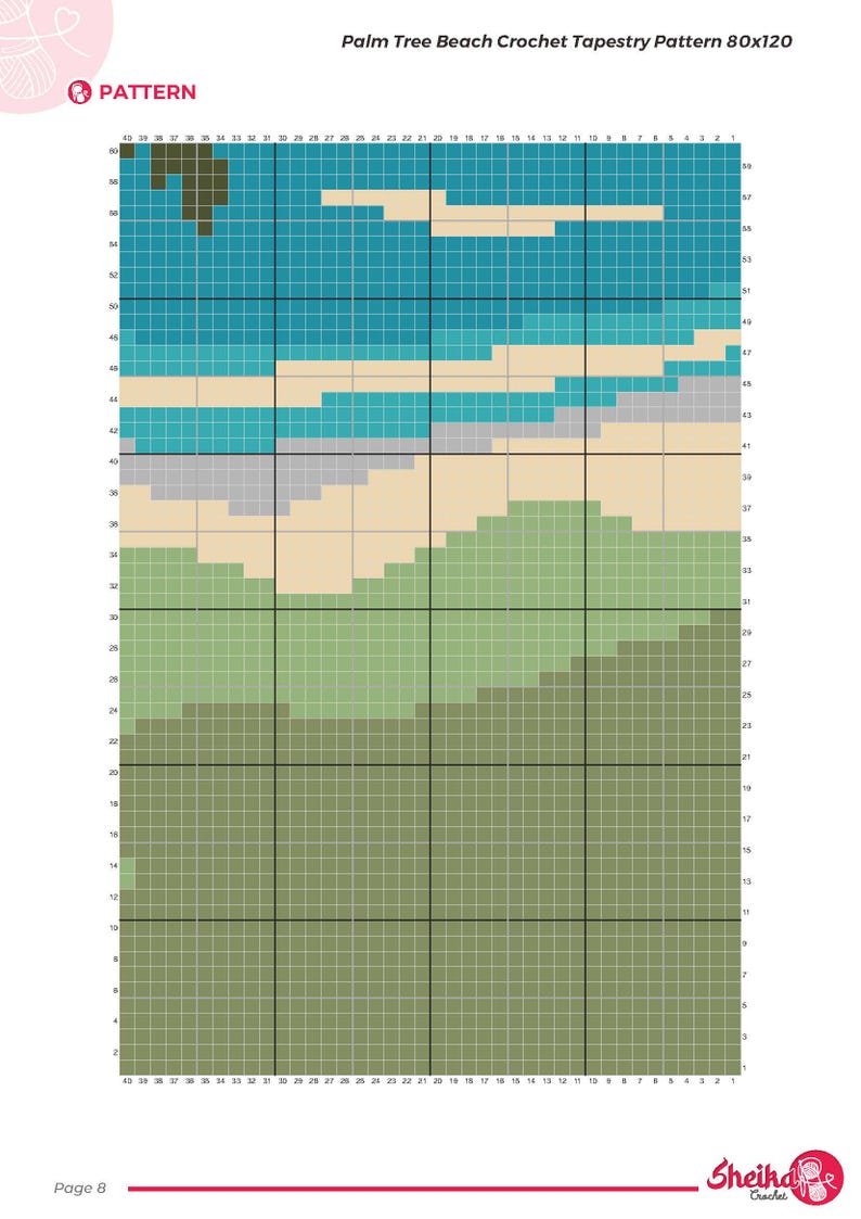 Pode incluir: Um padr&atilde;o de tape&ccedil;aria de croch&ecirc; com uma cena de praia, apresentando uma palmeira, o oceano e o c&eacute;u. O padr&atilde;o &eacute; 80x120, com uma sobreposi&ccedil;&atilde;o de grade para seguir o design. A paleta de cores inclui tons de verde, azul e bege. O texto "Palm Tree Beach Crochet Tapestry Pattern 80x120" &eacute; vis&iacute;vel.