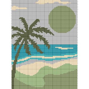 Pode incluir: Padr&atilde;o de tape&ccedil;aria de croch&ecirc; com uma cena de praia com uma palmeira, oceano e sol. O design &eacute; 80x120, com uma apar&ecirc;ncia de grade. A paleta de cores inclui tons de verde, azul, bege e cinza. O texto "Palm Tree Beach Crochet Tapestry Pattern 80x120" &eacute; vis&iacute;vel.