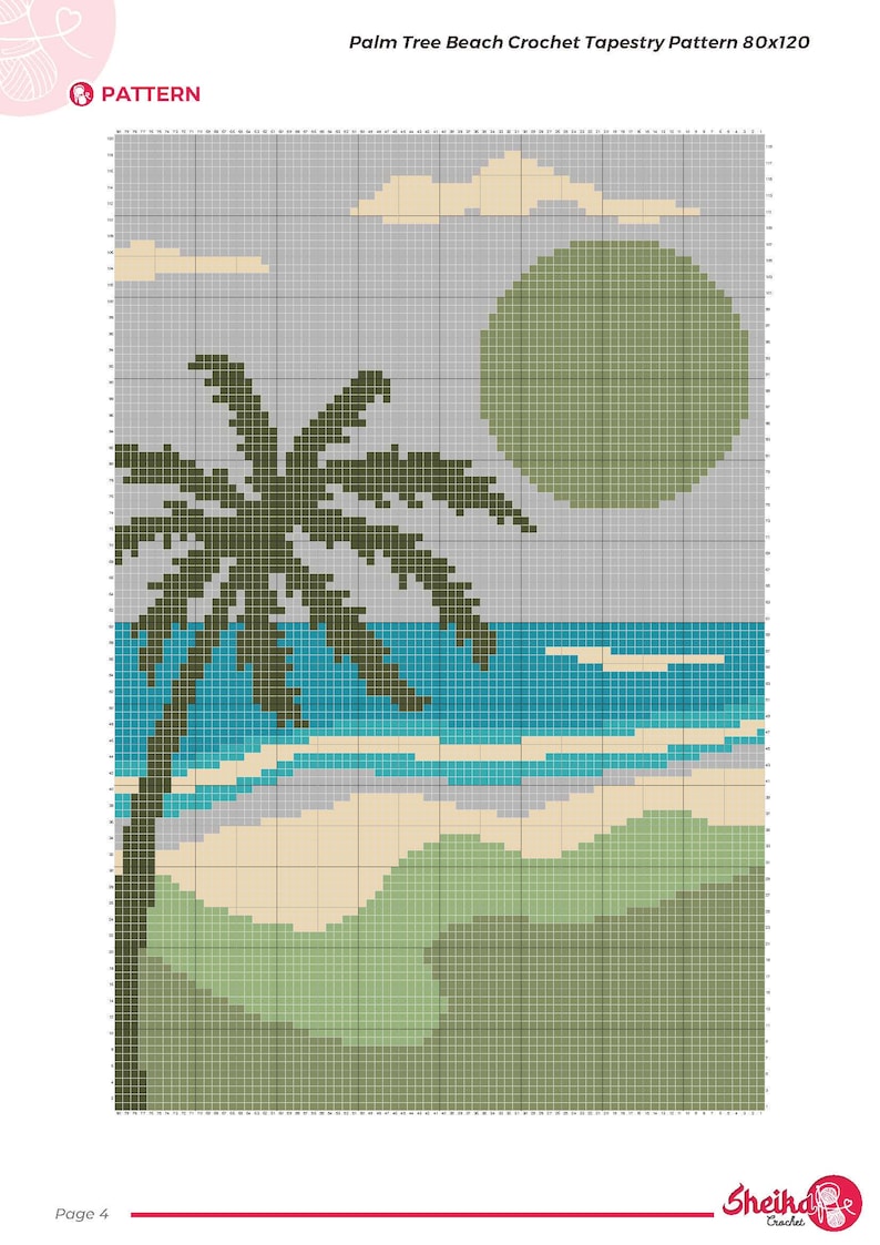 Pode incluir: Padr&atilde;o de tape&ccedil;aria de croch&ecirc; com uma cena de praia com uma palmeira, oceano e sol. O design &eacute; 80x120, com uma apar&ecirc;ncia de grade. A paleta de cores inclui tons de verde, azul, bege e cinza. O texto "Palm Tree Beach Crochet Tapestry Pattern 80x120" &eacute; vis&iacute;vel.