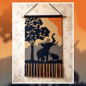 Schema per arazzo all'uncinetto "Tramonto con elefante": decorazione da parete a tema safari (schema PDF 120x160 punti)
