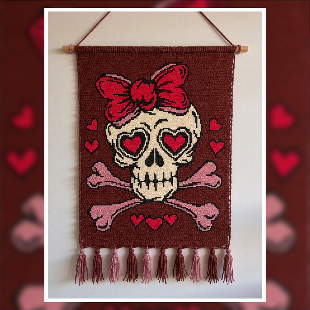 Sweetheart Skull Tapestry Crochet Pattern | Gothic Romantic Wall