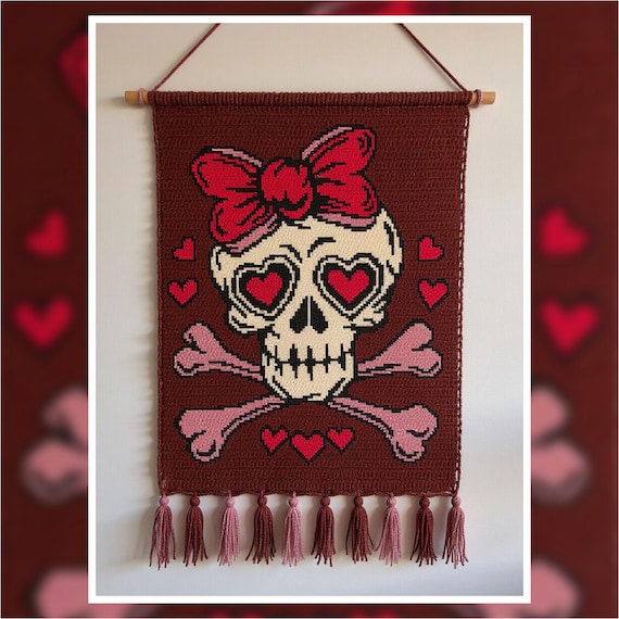 Sweetheart Skull Tapestry Crochet Pattern | Gothic Romantic Wall