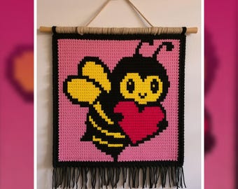 Bee Heart Tapestry Crochet Pattern: Kawaii Wall Hanging (PDF Pattern 75x75 Stitches)