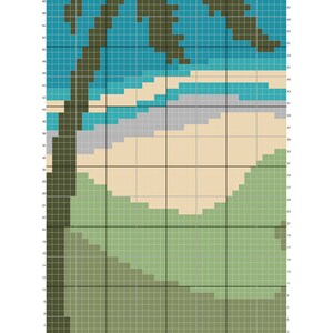 Pode incluir: Um padr&atilde;o de tape&ccedil;aria de croch&ecirc; com uma cena de praia com uma palmeira. O design usa uma grade de quadrados para representar uma palmeira verde, c&eacute;u azul e uma praia arenosa. O padr&atilde;o &eacute; intitulado "Palm Tree Beach Crochet Tapestry Pattern 80x120".