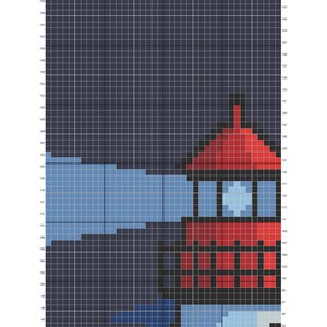 Peut inclure: Un mod&egrave;le de crochet de tapisserie repr&eacute;sentant un phare au coucher du soleil. La conception utilise une grille de carr&eacute;s pour cr&eacute;er l'image. Le phare est rouge, avec un ciel bleu et blanc. Le motif mesure 100x150 carr&eacute;s.