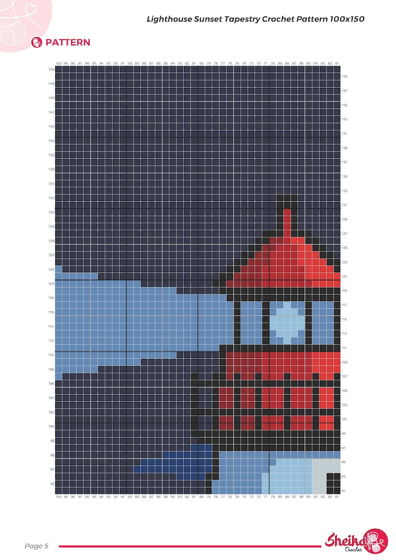 Peut inclure: Un mod&egrave;le de crochet de tapisserie repr&eacute;sentant un phare au coucher du soleil. La conception utilise une grille de carr&eacute;s pour cr&eacute;er l'image. Le phare est rouge, avec un ciel bleu et blanc. Le motif mesure 100x150 carr&eacute;s.