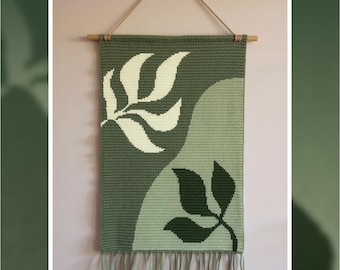 Motif au crochet de tapisserie de feuilles modernes (100 x 150 points PDF) | Tenture murale botanique verte en téléchargement numérique