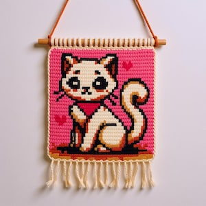 Cute Kitty with Hearts Tapestry Crochet Pattern 75 x75 PDF | Cartoon Cat Wall Hanging