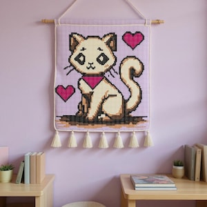 Pink Scarf Cat Tapestry Crochet Pattern 100x100 PDF | Cute Kitty Wall Hanging Crochet Pattern | Cartoon Cat Home Decor Design
