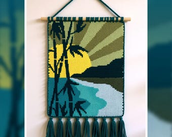 Golden Tropical Sunset Lake Tapestry Crochet Pattern 100x150 Stitches PDF