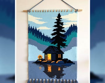 Motif de tapisserie au crochet bleu cabine au bord du lac 100 x 150 points PDF