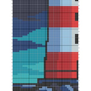 Peut inclure: Un diagramme de patron de crochet pour une tapisserie de coucher de soleil de phare. Le motif est compos&eacute; d'une grille de carr&eacute;s color&eacute;s, comprenant des nuances de bleu, de rouge et de sarcelle. Le texte "Lighthouse Sunset Tapestry Crochet Pattern 100x150" est en haut.