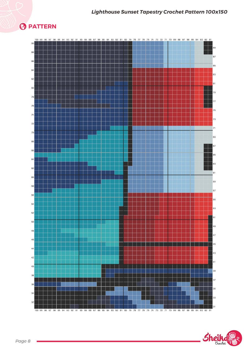 Peut inclure: Un diagramme de patron de crochet pour une tapisserie de coucher de soleil de phare. Le motif est compos&eacute; d'une grille de carr&eacute;s color&eacute;s, comprenant des nuances de bleu, de rouge et de sarcelle. Le texte "Lighthouse Sunset Tapestry Crochet Pattern 100x150" est en haut.