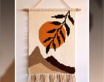 Motif au crochet de tapisserie Mountain Sunset : tenture murale bohème (Modèle PDF)