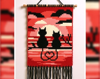 Cat Couple Sunset Tapestry Crochet Pattern: Romantic Wall Hanging (60x90  Stitches PDF)