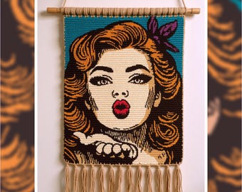 Padrão de tapeçaria de crochê Pop Art: Beijo de mulher retrô (PDF 140x200 pontos)