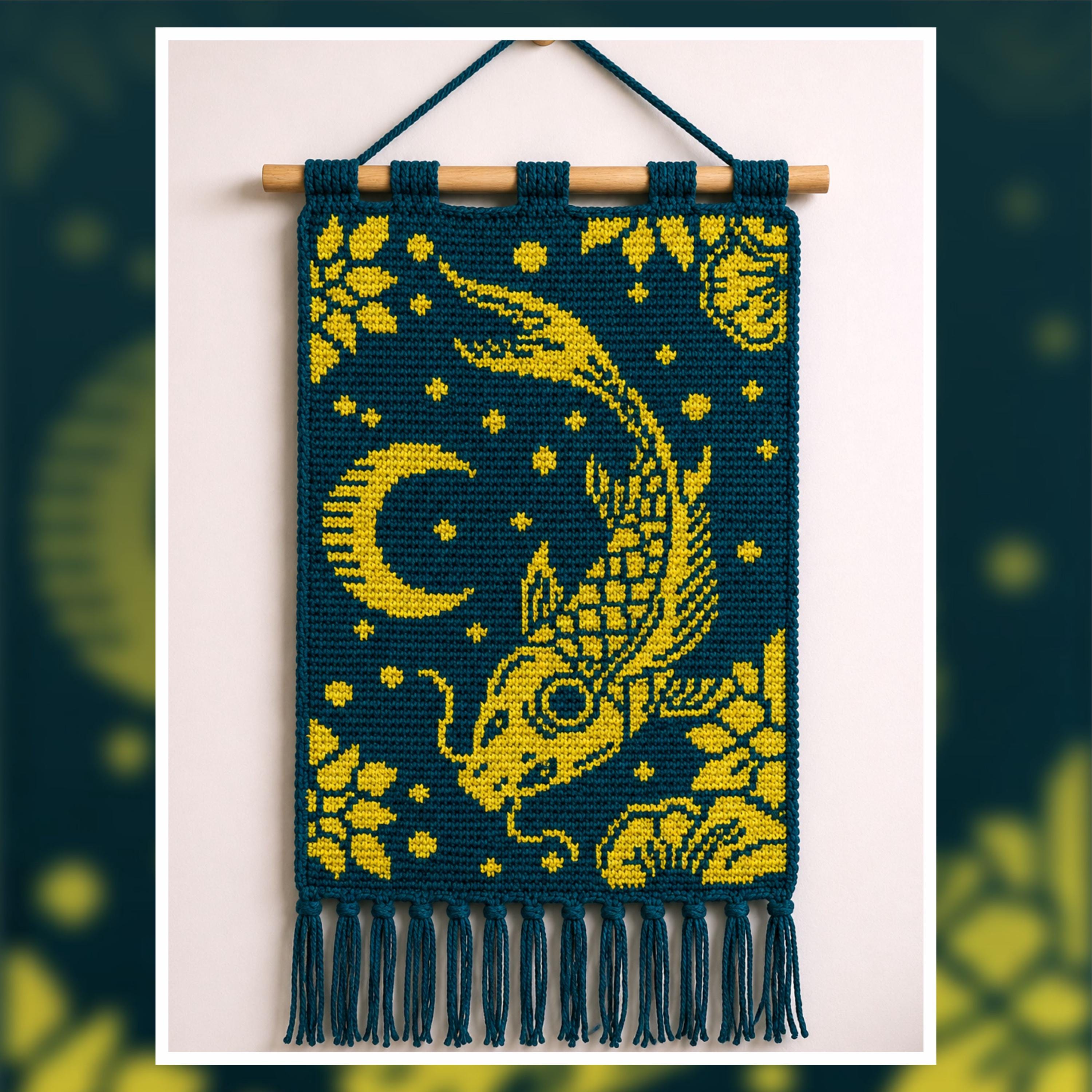 26 Pixel Crochet Patterns for Bold Colorwork, Blankets, Bags, and Amigurumi 13 Mystic Koi Moon Tapestry Pattern