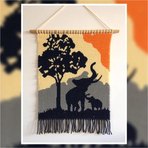 Elefant Sonnenuntergang Tapisserie Häkelanleitung: Safari-Wandbehang (PDF-Muster 120x160 Stiche)