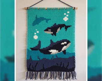 Padrão de tapeçaria de crochê para baleia orca: decoração de parede com tema de vida marinha (PDF com 60 x 90 pontos)