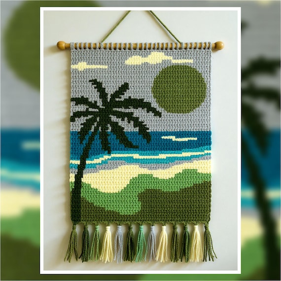 Crochet Palm Tree Beach Tapestry Pattern: Coastal Wall Hanging (80x120 Stitches PDF Chart)