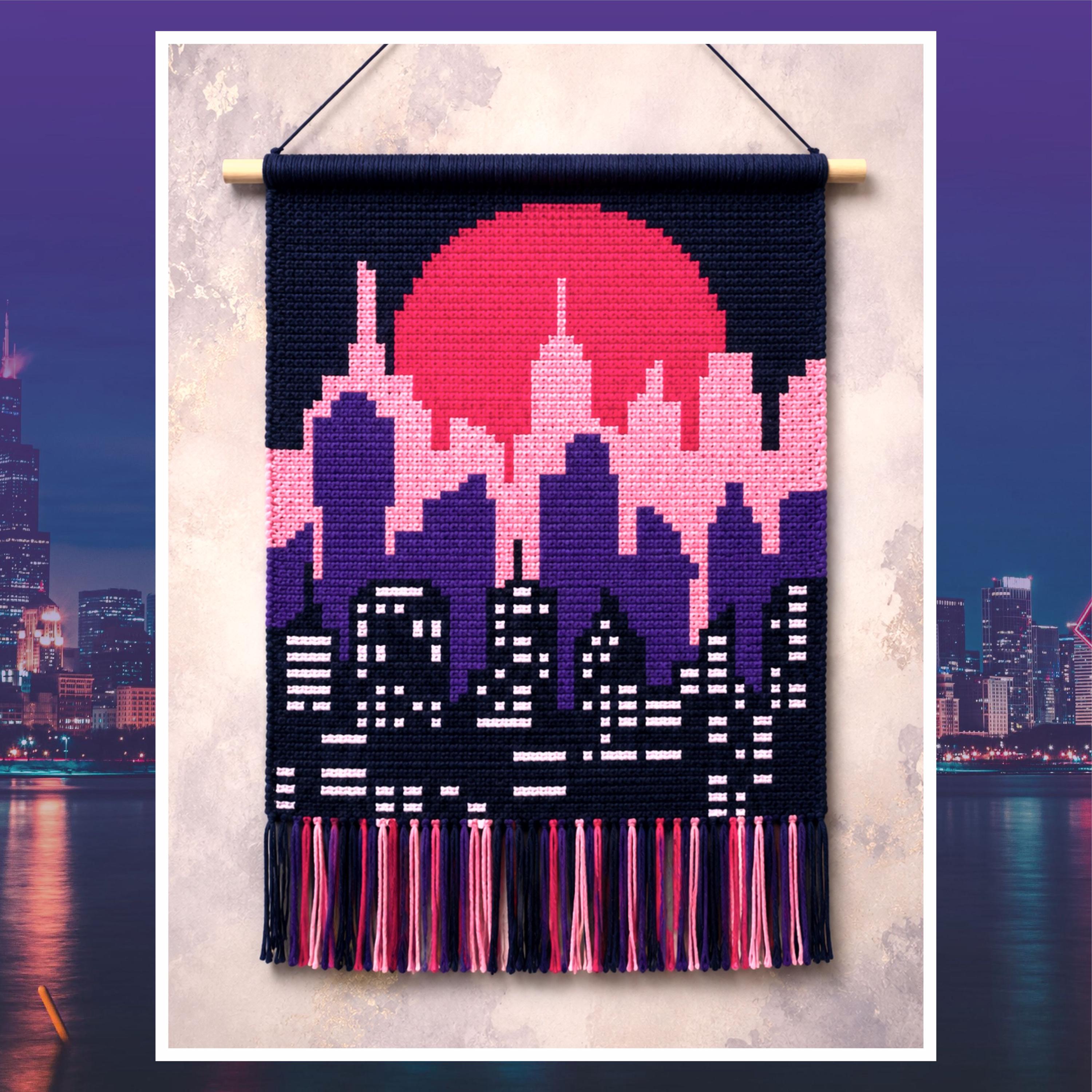 Neon Sunset City Tapestry Crochet Pattern: Skyline Wall Hanging