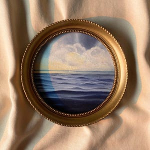 Hand Painted Seascape Oil Painting in Round Vintage Frame