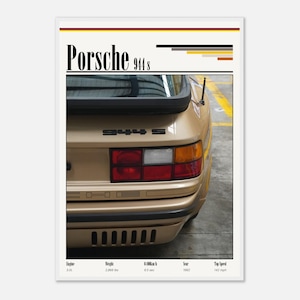 May include: A framed print of a gold Porsche 944 S. The image focuses on the car's rear, with the model name and specifications. Details include engine size, weight (1,300 kg), and top speed (229 km/h).