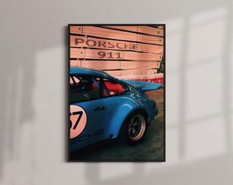 Vintage ingelijste poster Porsche 911 – oldtimerfotografie, garagekunst