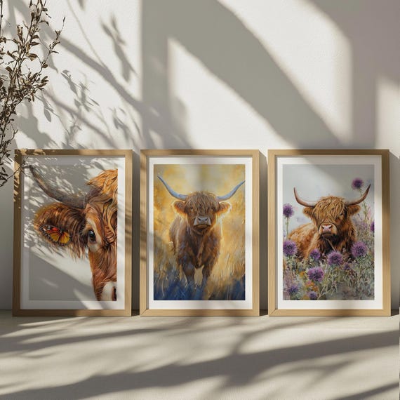 Highland Cow Watercolor Print Set: Scottish Coo Wall Art, Butterfly & Thistle