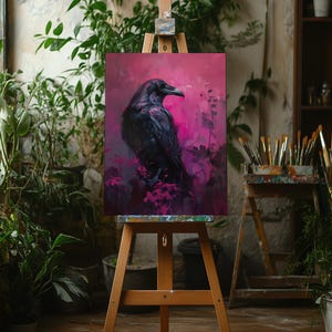 Rabens Omen Wand Kunst Druck Gothic Krähe Poster Mysteriöses Dunkel Vogel Dekor Lila Rosa Raben Illustration Witchy Geschenk für Sie oder Ihn Zimmer