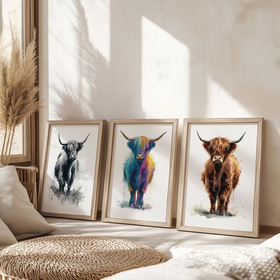 Shapes of Silence – Highland Cow Wall Art Set of 3 Prints | Modern Farmhouse Highland Cattle Decor | Rustic Animal Prints | Unframed Artwork