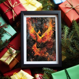 Stampa artistica da parete con uccello di fuoco fenice, creatura mitologica, poster con uccello di fuoco, simbolo di rinascita, decorazione fantasy, regalo di animale spirituale per lei o per lui.