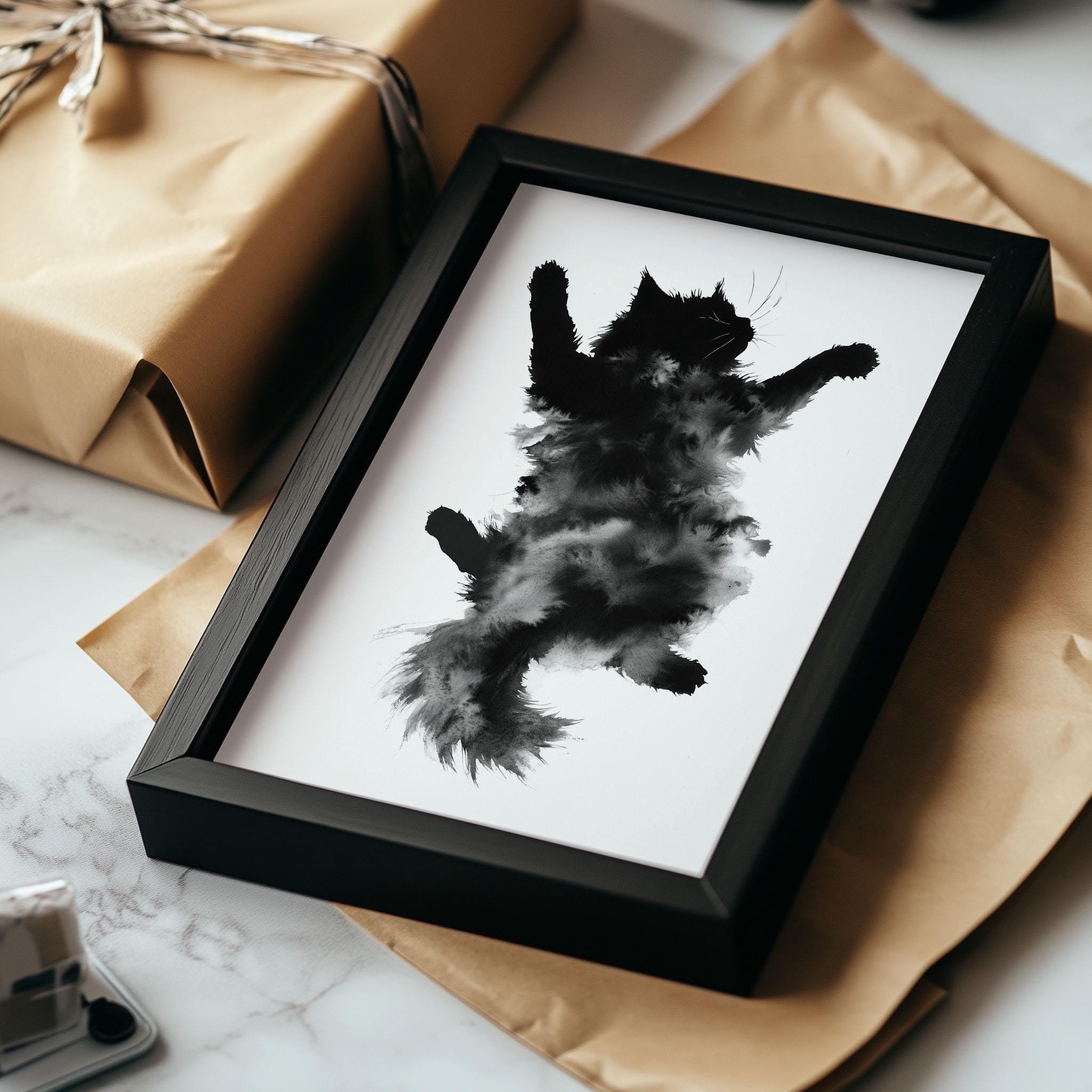 Ultimate Relaxation Cat Wall Art Print Black and White Furry Cat Illustration Unframed Physical Print for Cozy Minimalist Pet Decor